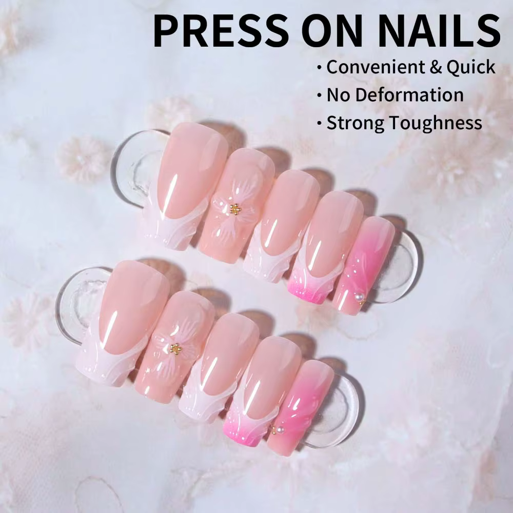 24 pièces Long carré 3D tridimensionnel Gelnail fait des ongles de fleur avec perle décorer concepti