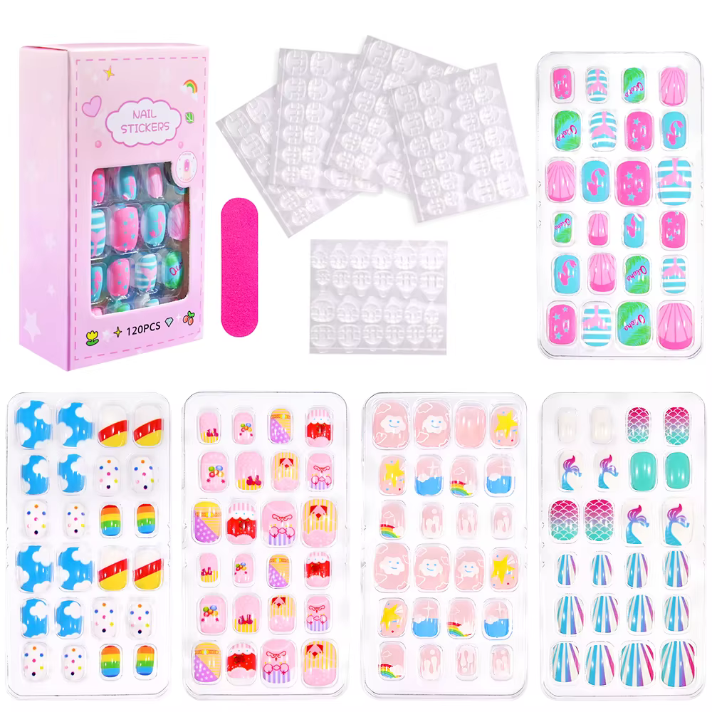 120 pièces/boîte dessin animé fille faux ongles conseils 5-12 ans mignon princesse chat/lapin/licorn