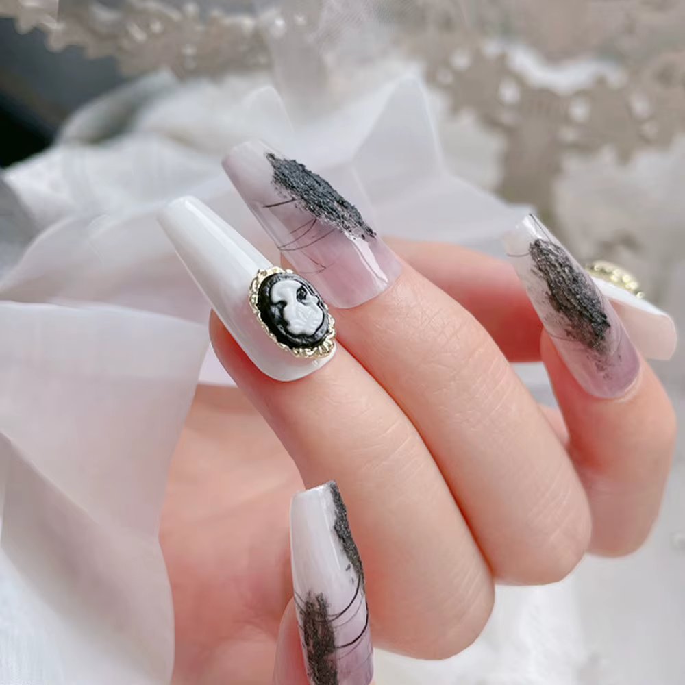 10 pièces rétro Baroque Gril Nail Art charme 3D gaufrage noir blanc fille tête décoration d'ongle or