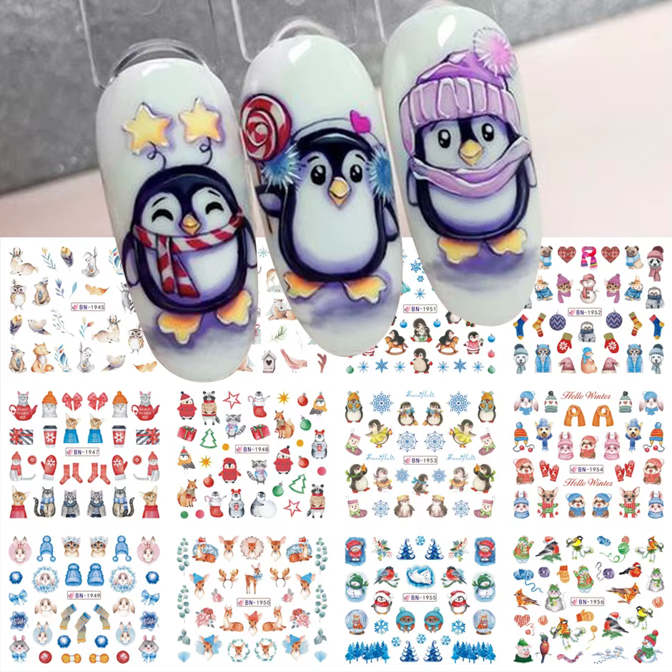 Autocollants pour ongles pingouin mignon, 12 pièces, oiseaux, ours, chat, animaux, flocons de neige,