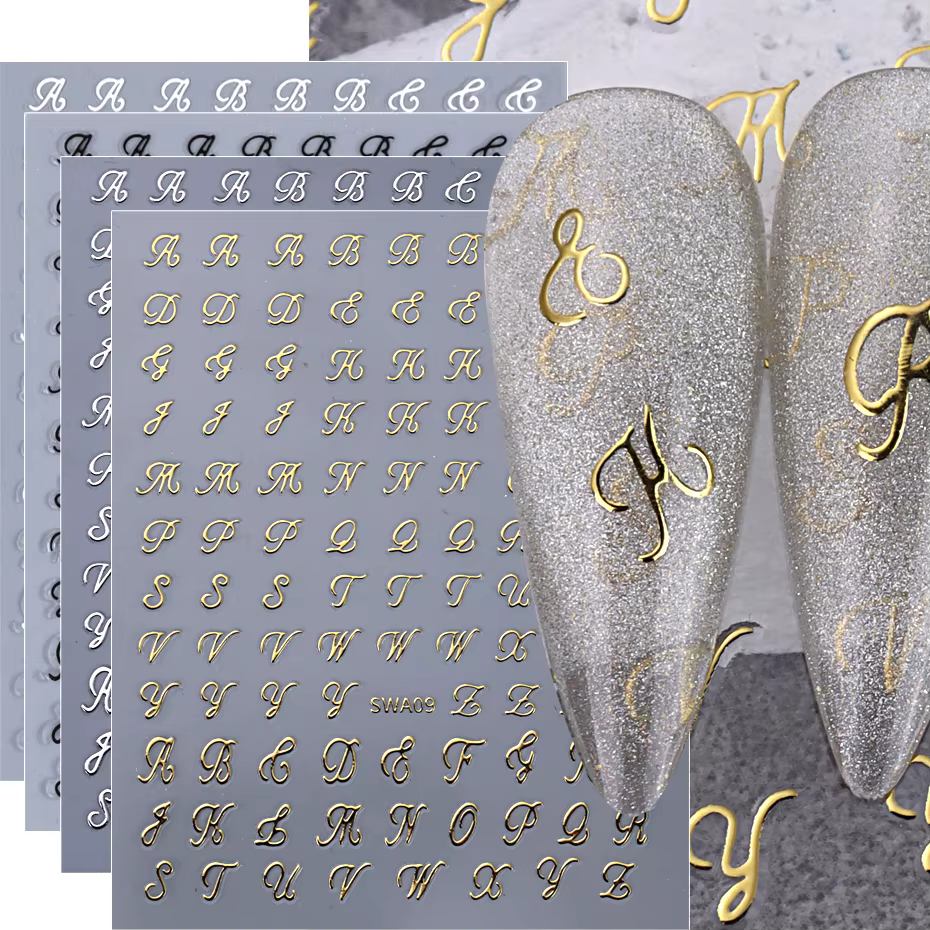 Autocollants pour ongles avec lettres romaines, 4 pièces, doré, argent, noir, blanc, Design Alphabet
