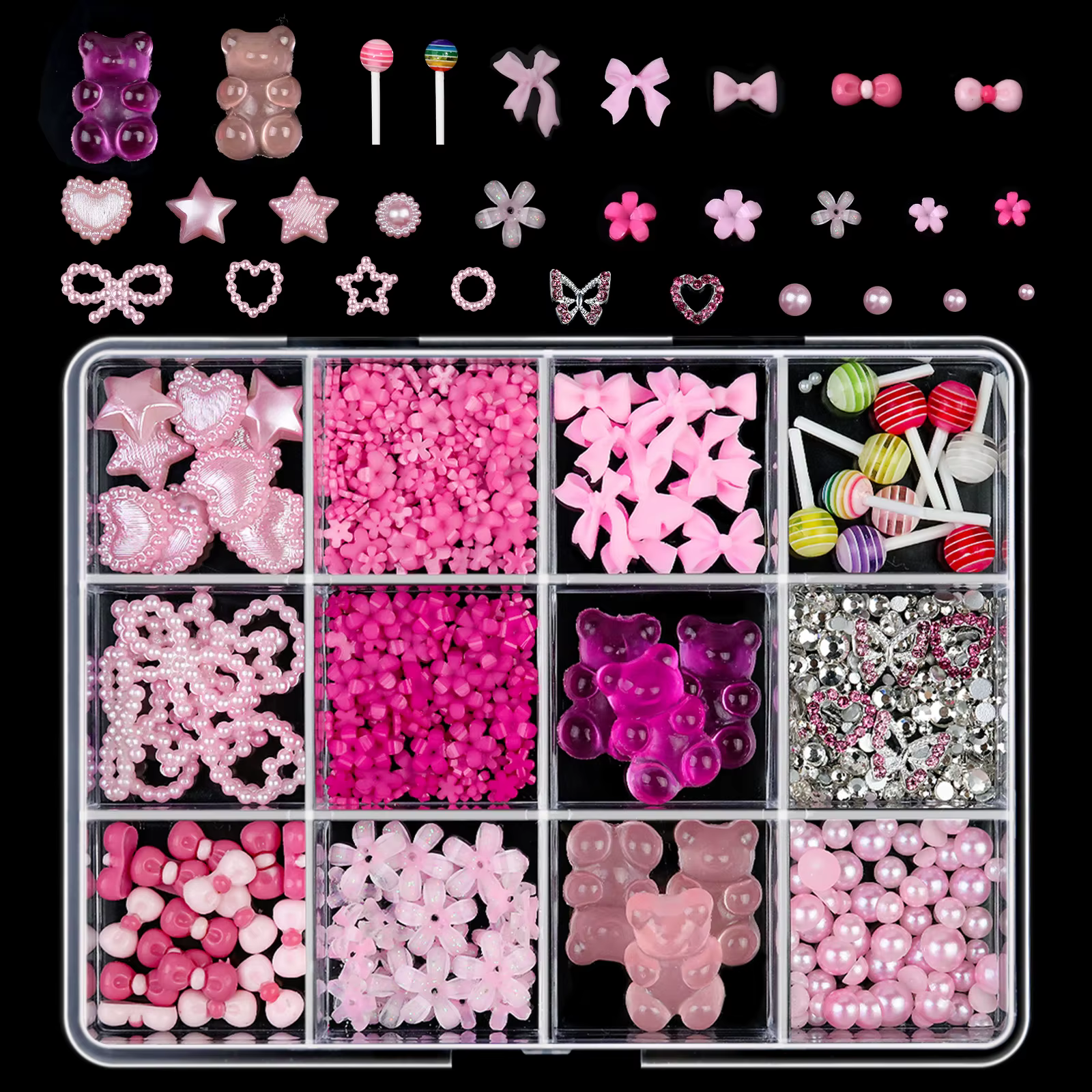 12 grilles/boîte 3D mixte nœud papillon perle coeur ongles breloques Flatback résine fleur, étoile,