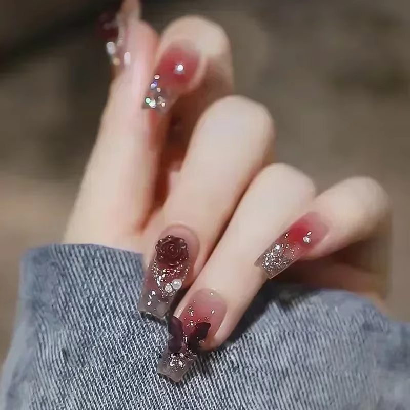 Faux ongles de Ballet rouge, 24 pièces, papillon, paillettes courtes avec strass, Design français, c