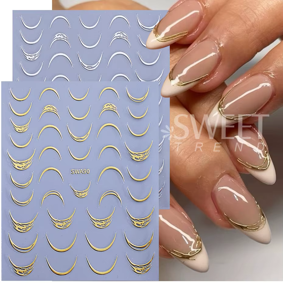 Autocollants pour ongles croissant de lune, auto-adhésifs, sourire français, ligne rayée, Design, dé