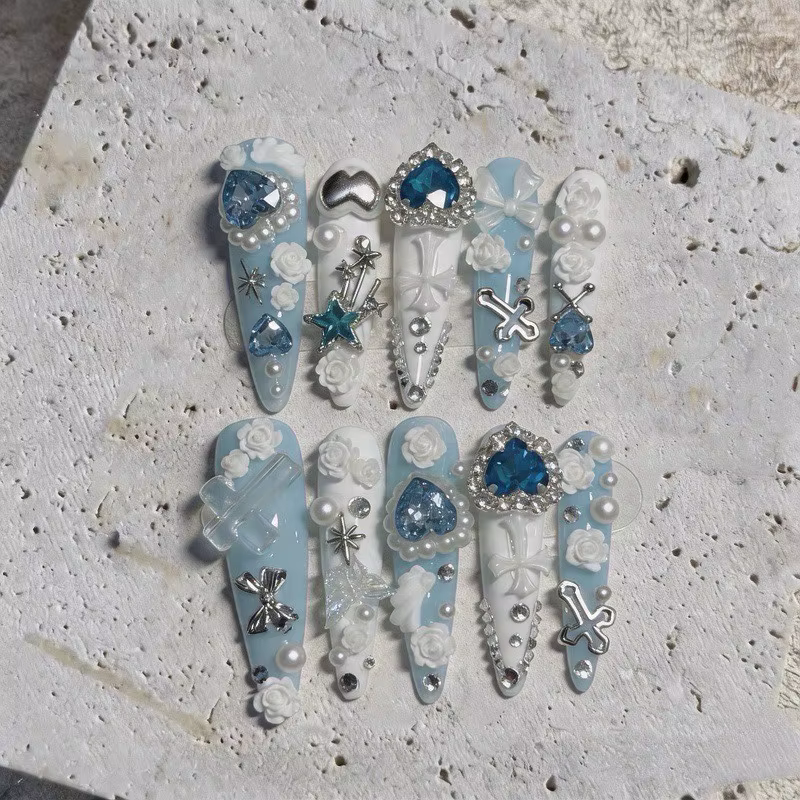 Faux ongles à presser faits main Jirai Kei, motif croix bleu glace, amour, rose fraîche et élégante,