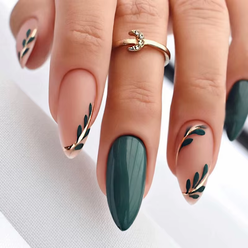 24 pièces faux ongles français amande longue couverture presse sur ongles feuille verte paix INS fau