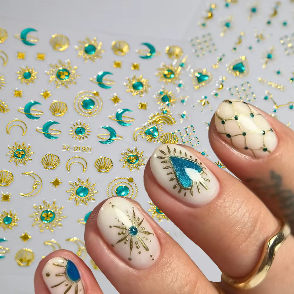 5D bleu gemme étoile soleil lune bronzant Nail Art autocollant métallique Style bohème or argent amo