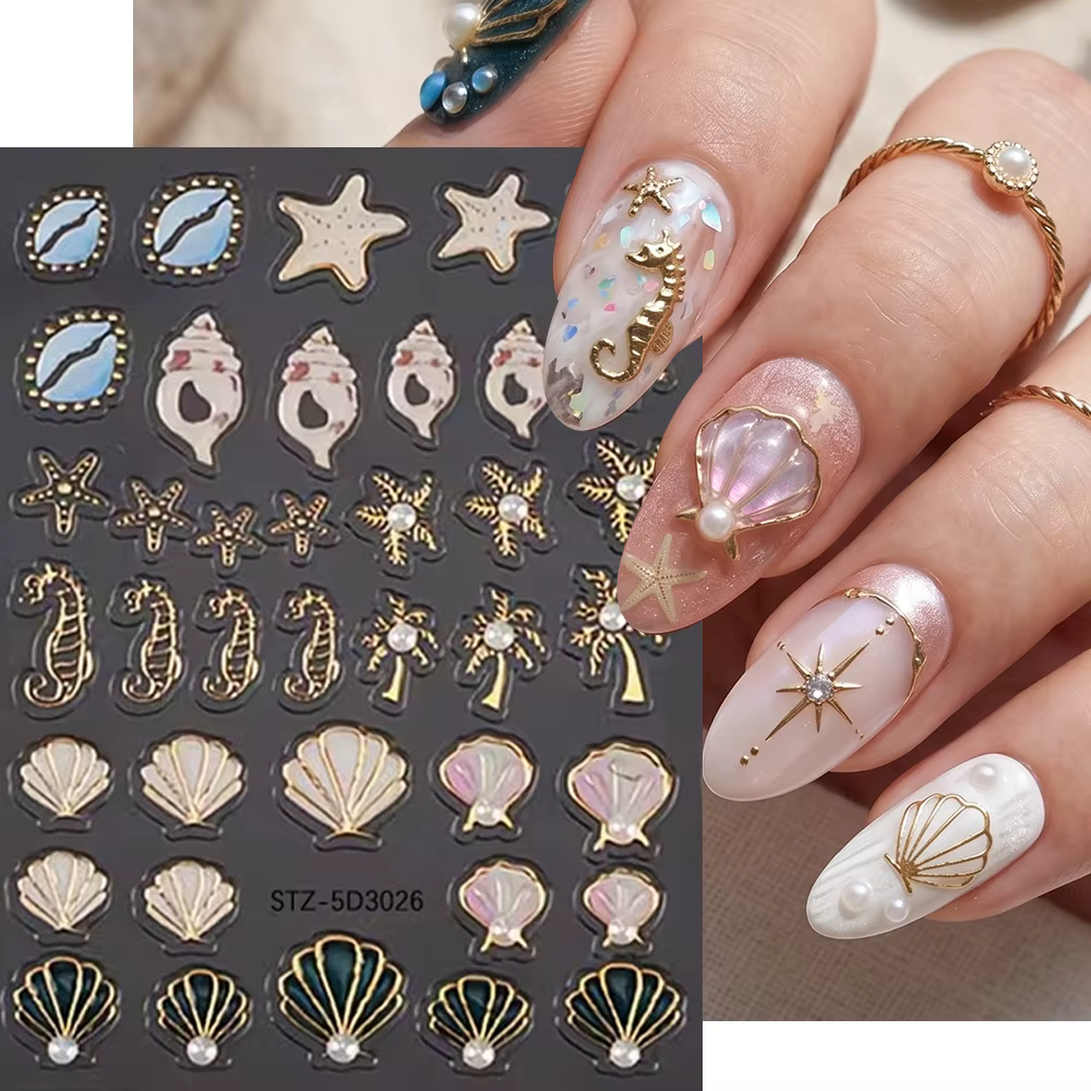 Autocollants 3D pour ongles Thème Océan Estival, Arbre de Coco Doré avec Perles, Ligne Dorée, Décora