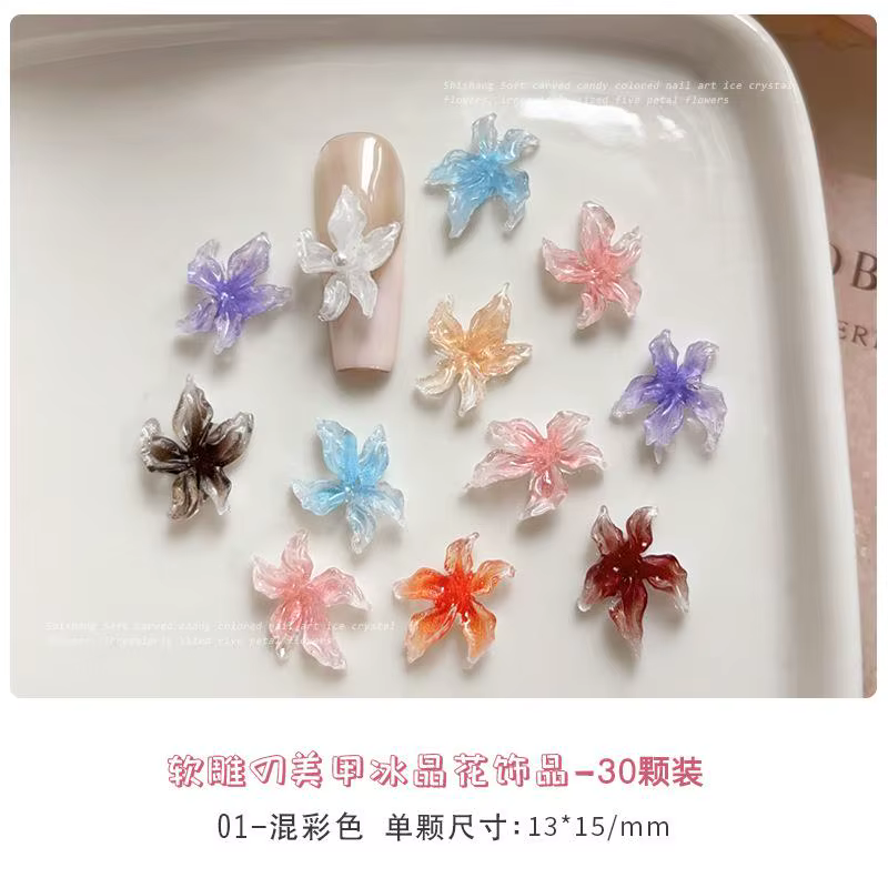 30pc mixte 3D résine dégradé coloré Transparent Lily Nail Art décoration Style bizarre tacheté fleur