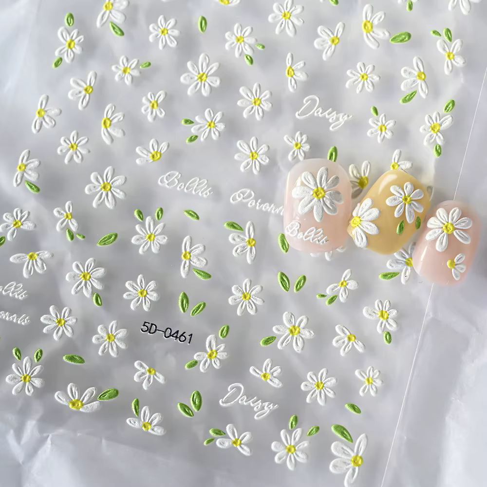 2 pièces 5D blanc marguerite Design Nail Art autocollants en relief marguerite fleur feuille verte N