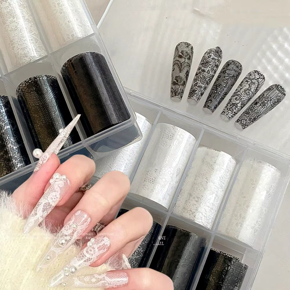Autocollants de transfert d'ongles en dentelle noir et blanc, 10 rouleaux/boîte, enveloppes complète