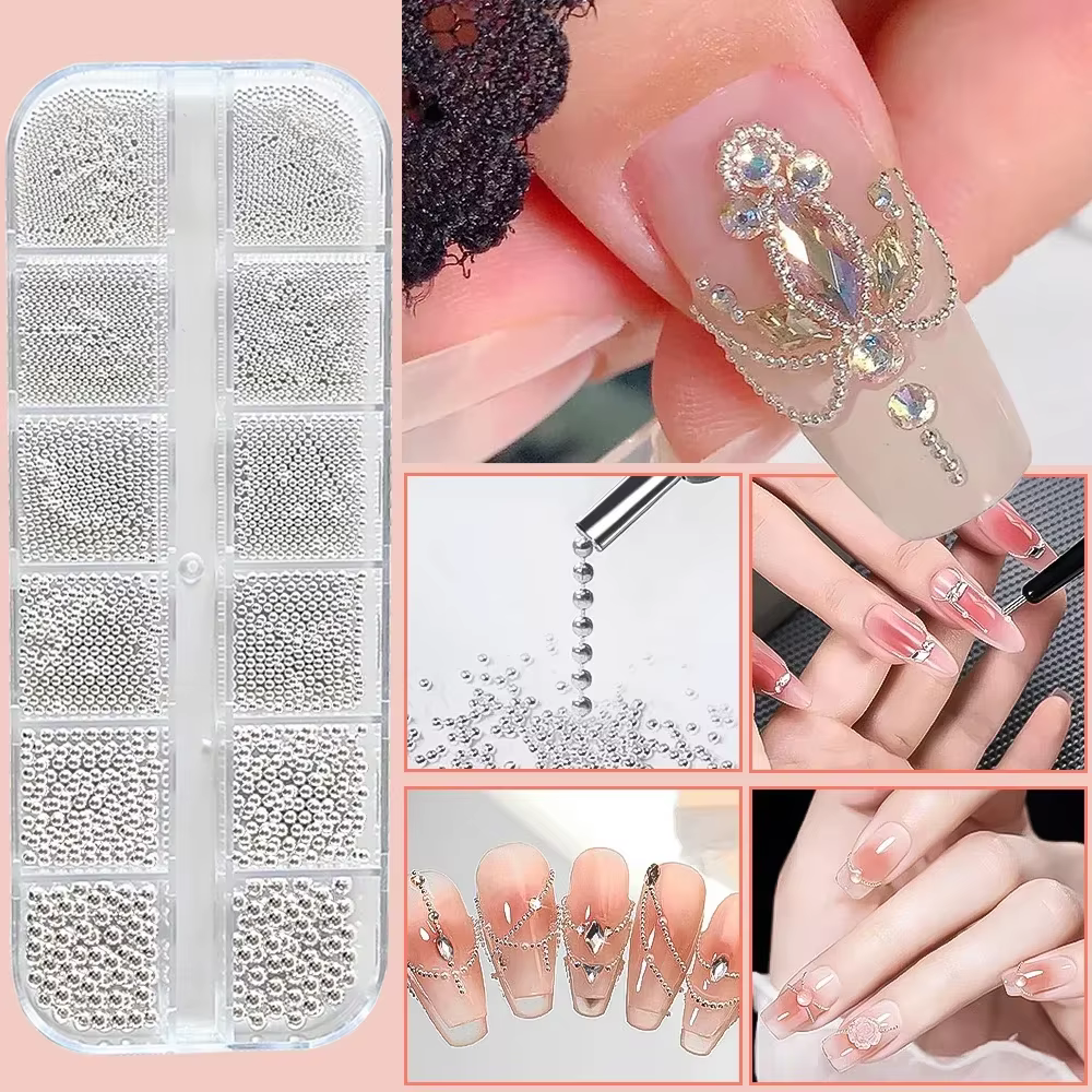 Mini perles de Caviar à 12 grilles, décorations pour Nail Art, Micro boule en métal or/argent, brelo