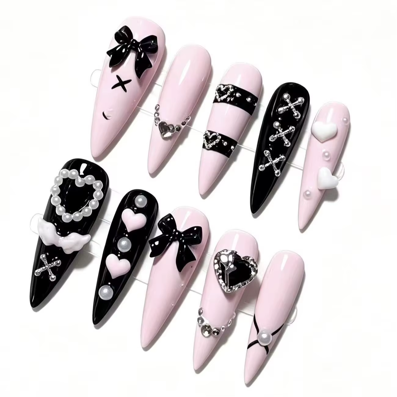 10 pièces de faux ongles Y2K faits à la main avec nœuds, croix, cœurs et ailes, ongles pointus super