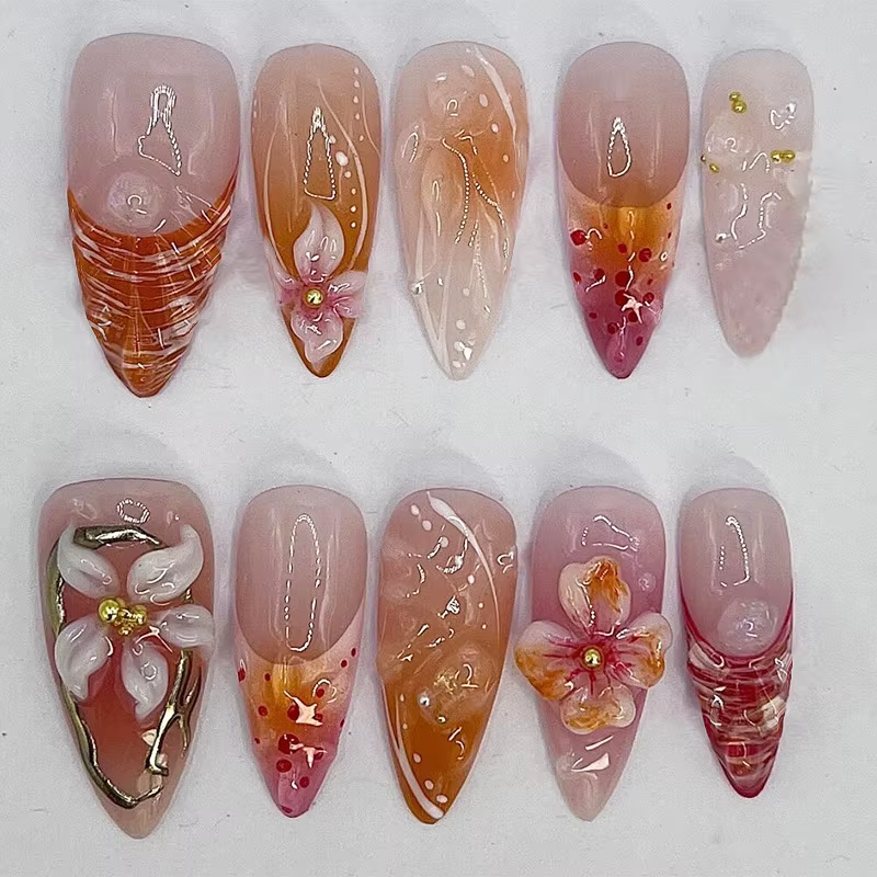 24 pièces or rose fleur presse sur ongles brillant amande automne portable faux ongles avec perle or