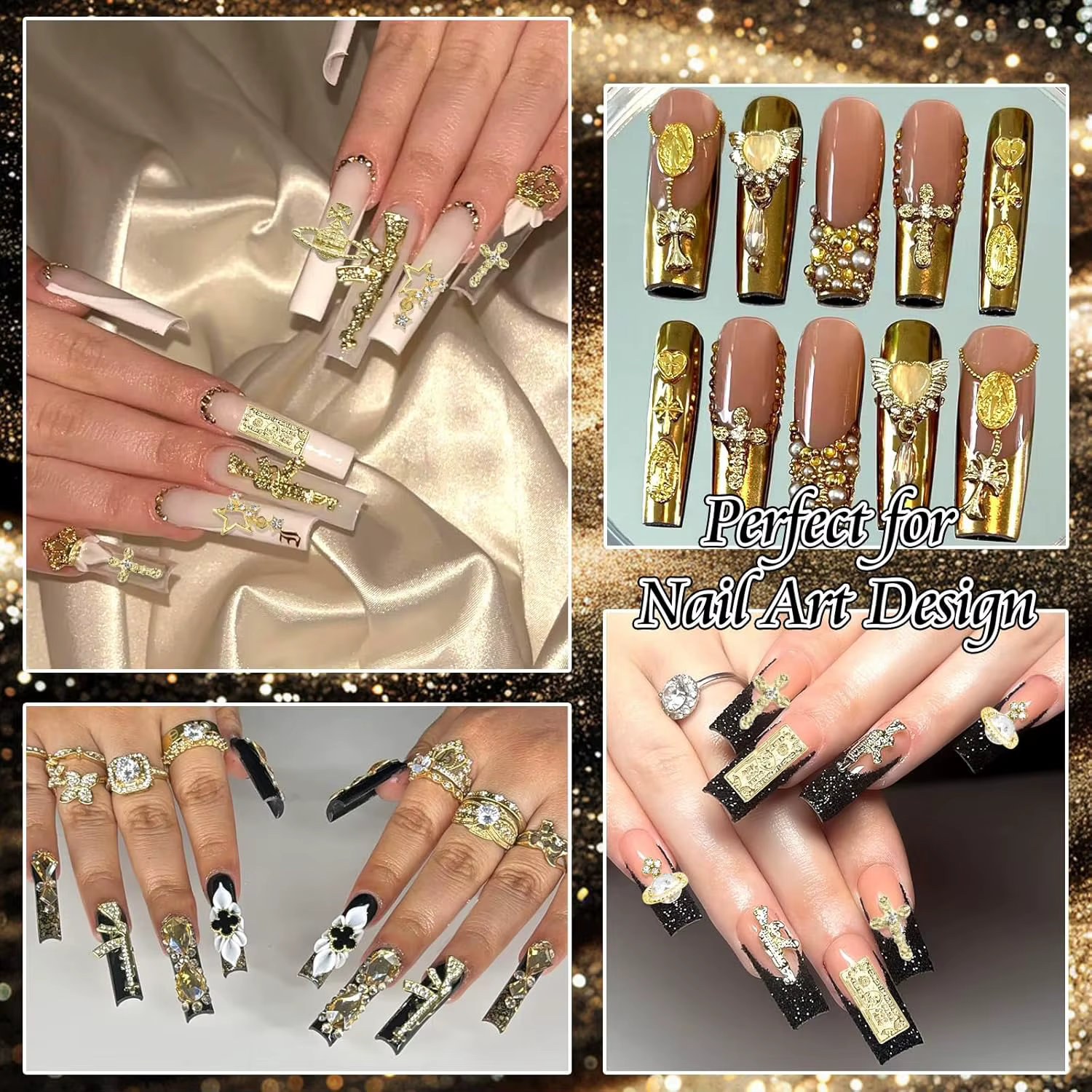 55 pièces pistolet ongles breloques 3D croix Nail Art bijoux or Dollar signe breloques ongles Multi