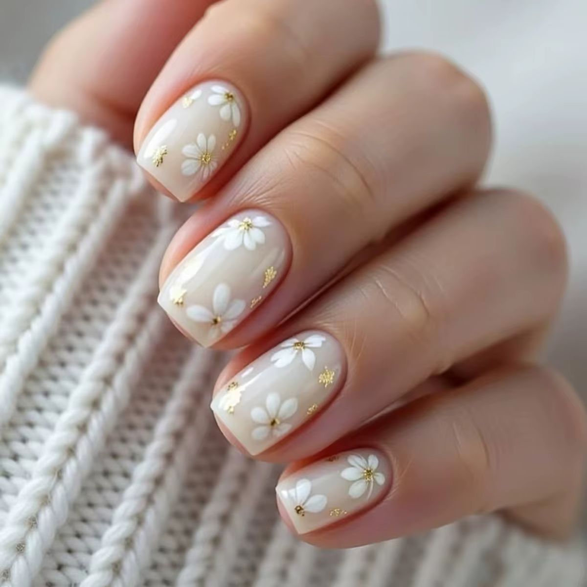 Ensemble complet de 24 faux ongles carrés courts, conçus avec un blanc nacré frais et un motif de pe
