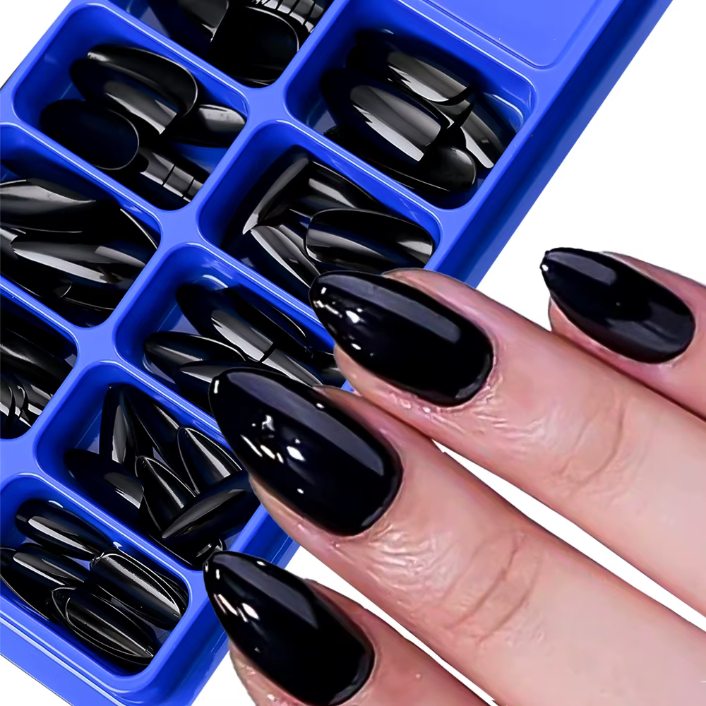 100 faux ongles en amande à presser, longueur moyenne, noirs mats, pour extension d'ongles artificie