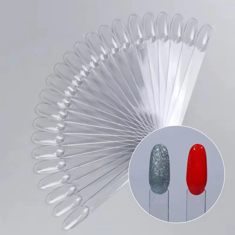 50 pièces de faux ongles noirs naturels transparents, présentoir en forme d'arc en forme d'éventail,