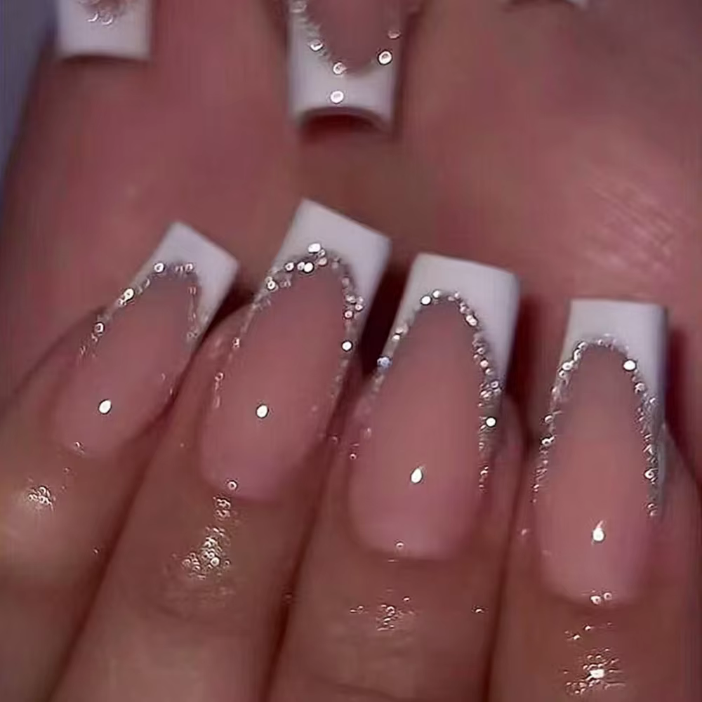 Faux ongles cercueil carrés courts, 24 pièces, à paillettes françaises, portables, couverture complè