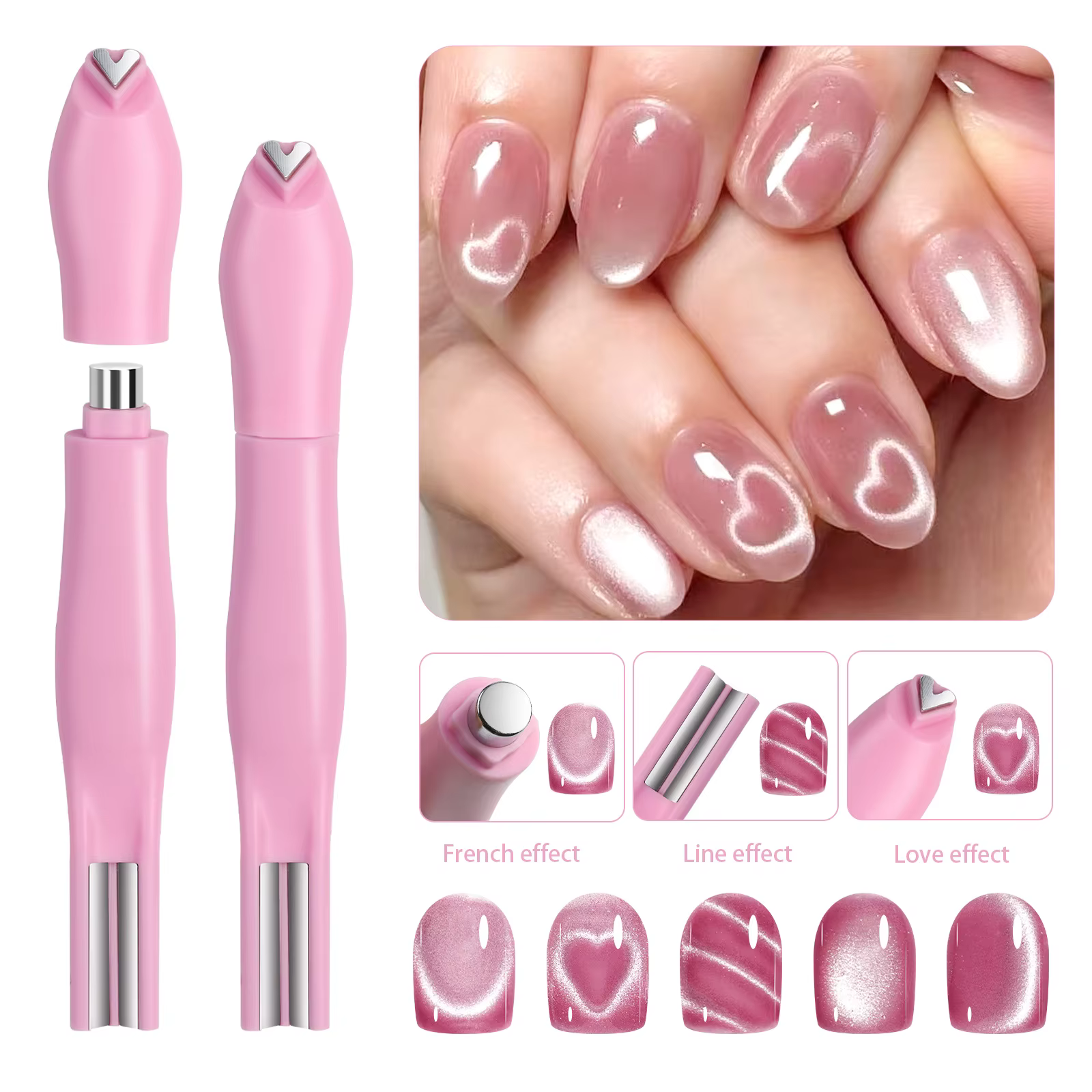 1 pièces 3-en-1 coeur forme oeil de chat Nail Art aimant Double ligne lune serpent français aimant s