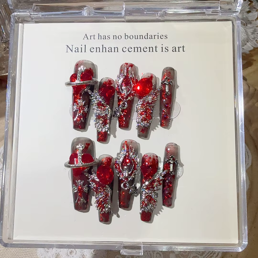 10 pièces Faux ongles à presser longs forme stiletto, motif 'Dark Blood Angel', style 'Hot Girl', fa