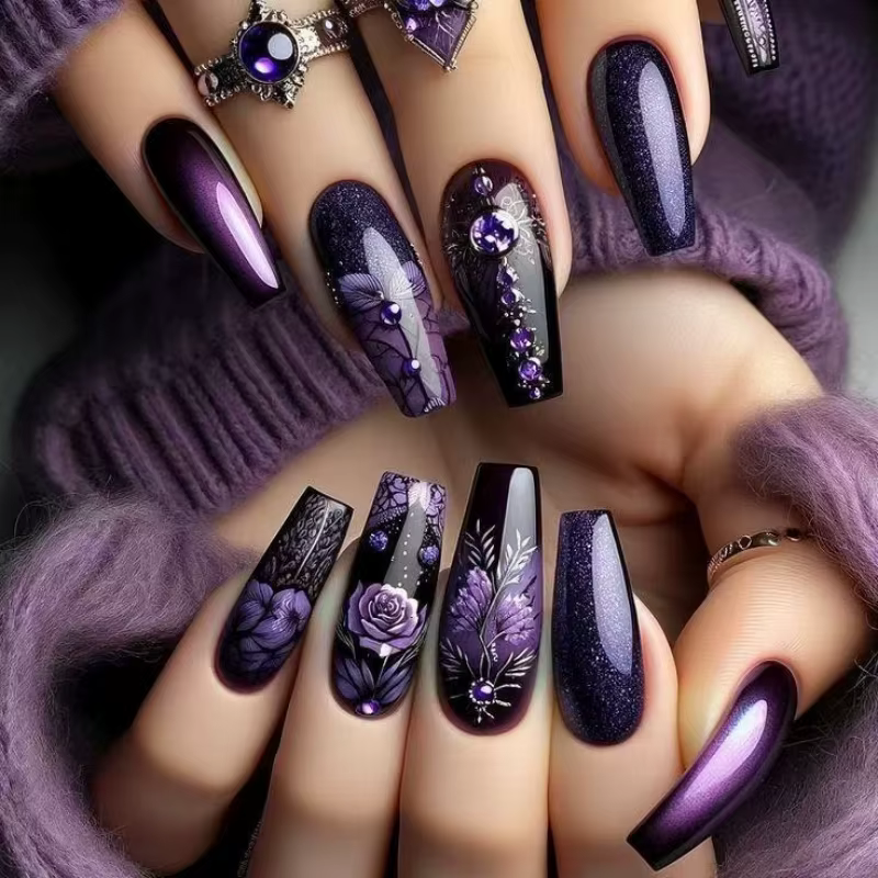 Fleur violette presse sur ongles 24 pièces amande/café portable faux ongles fleur imprimé femme bric