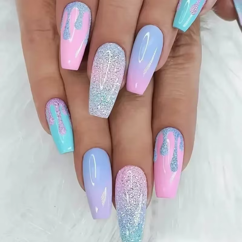 24 pièces/ensemble Faux ongles en acrylique longs forme ballerine à presser, réutilisables, colorés