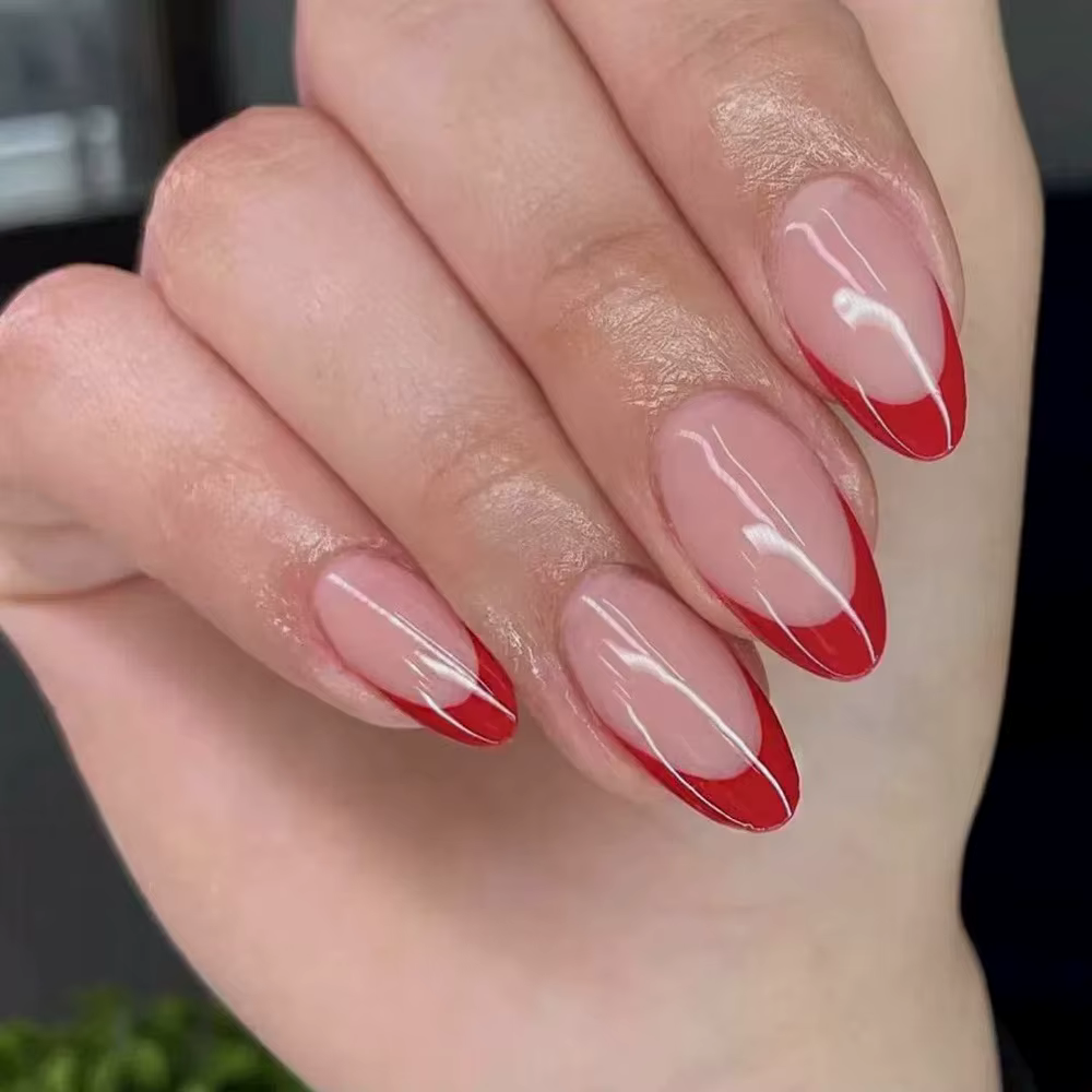 24 faux ongles à presser en forme d'amande, style French - Base nude avec pointes colorées, réutilis