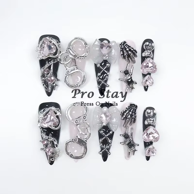 Faux ongles artificiels noirs foncés Y2k, faits à la main, à pression, doux et frais, avec diamant,