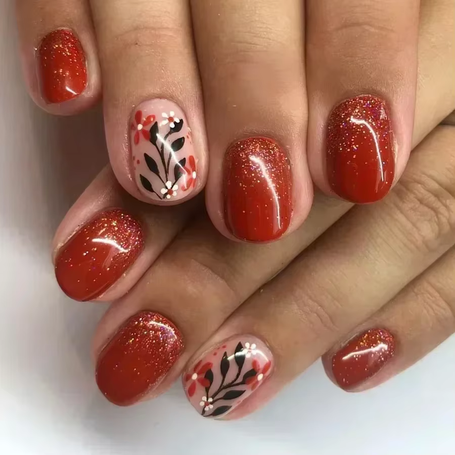 Faux ongles carrés courts en forme de fleur ambre, avec colle, dessins d'automne portables, à pressi