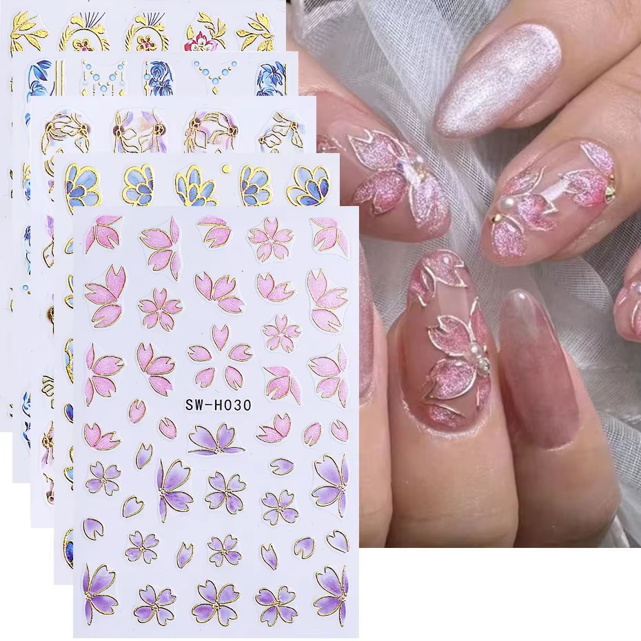 Autocollants pour ongles en forme de fleur, ligne dorée métallique, pétales de bordure bronzants 3D,