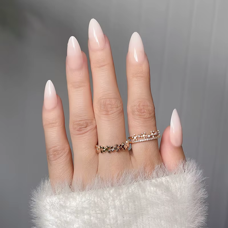 24 pièces Simple français couleur unie presse sur ongles avec gelée colle ballerine amande faux ongl