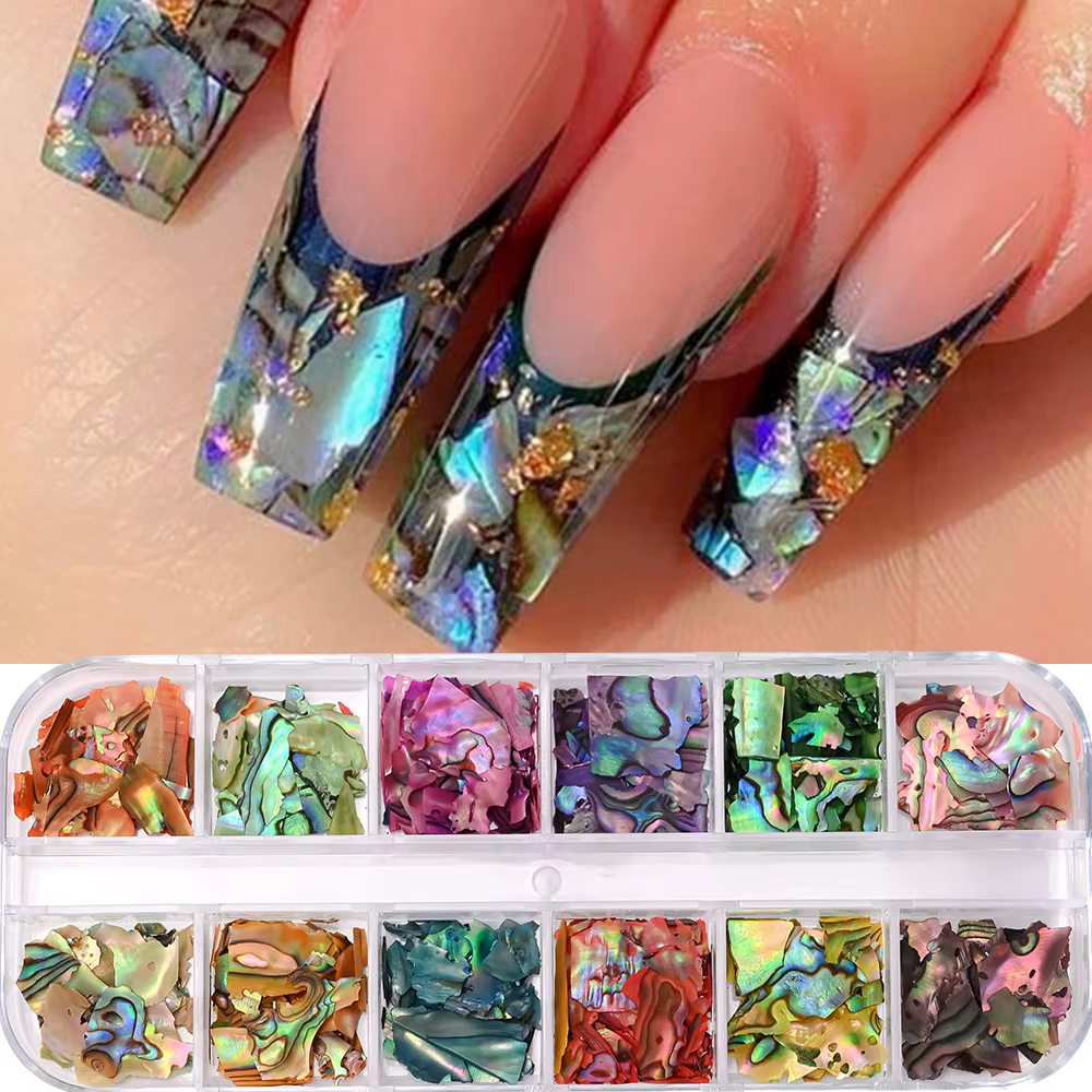 12 grilles Nail Art Aurora coquille d'ormeau flocons 3D tranches de coquille de mer irrégulières bre