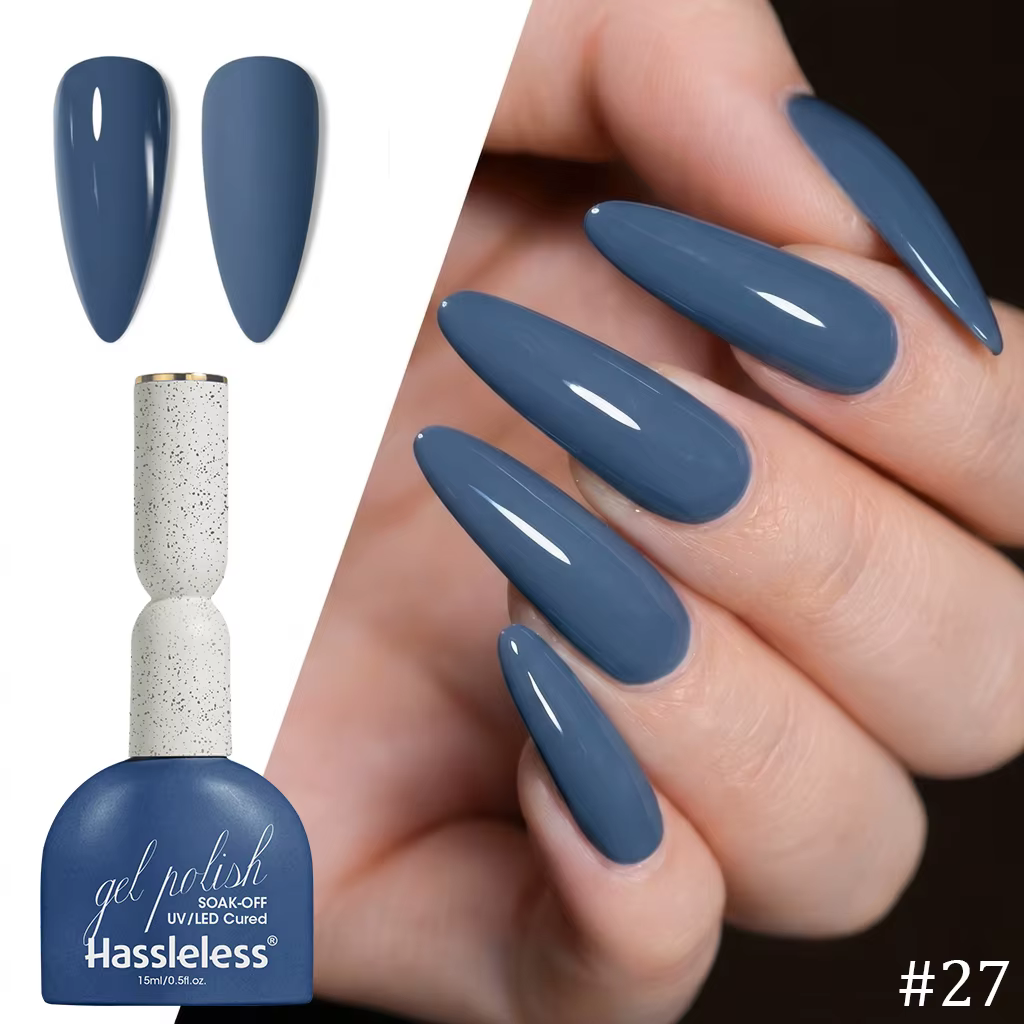 Vernis à ongles gel bleu-gris profond Hassleless 15 ml, UV/LED, effet soak-off, finition brillante e