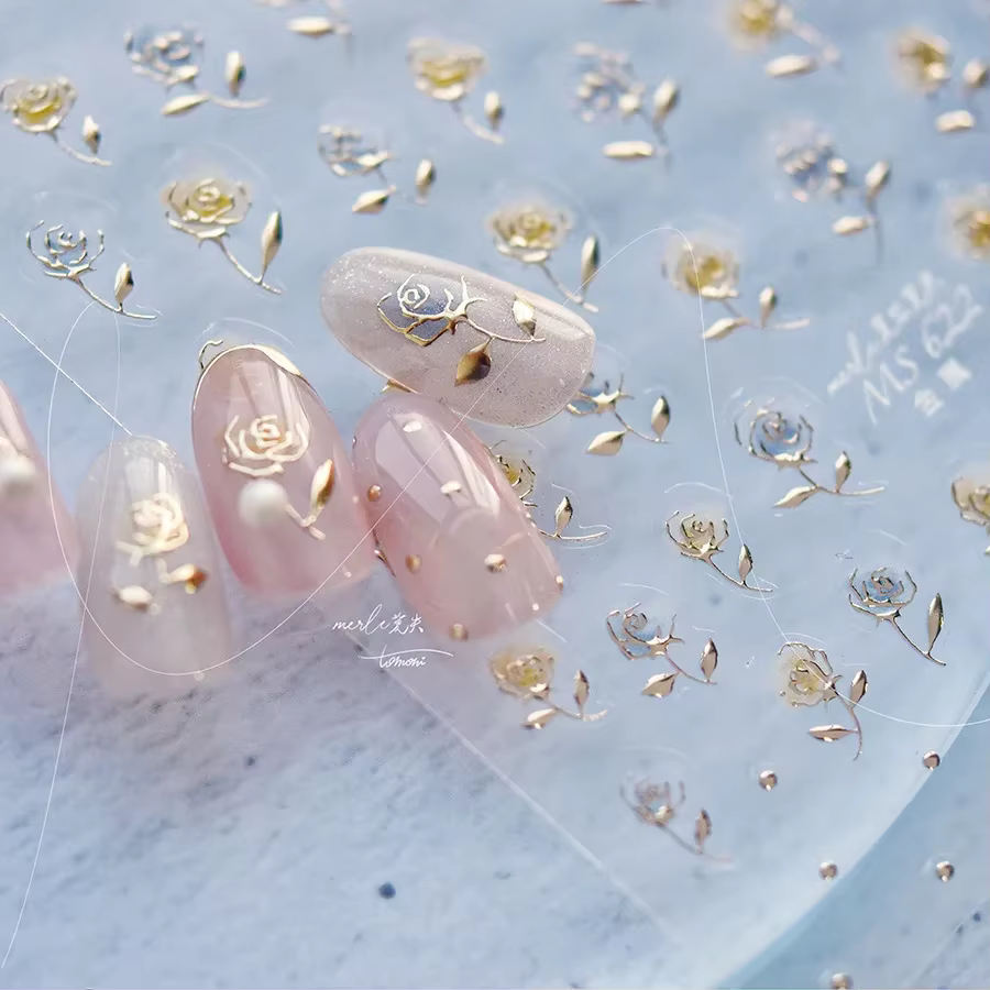 Autocollant 5D pour Nail Art, fleur de Rose de style japonais, estampage doré, pétales creux, nœud p