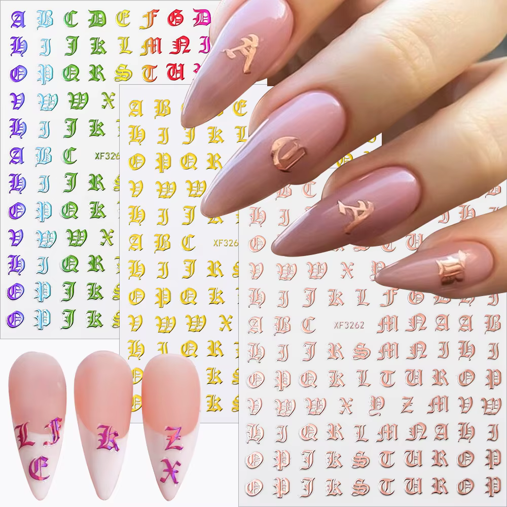 3D paillettes gothique lettre Design Nail Art autocollants majuscules Alphabet lettres conceptions a
