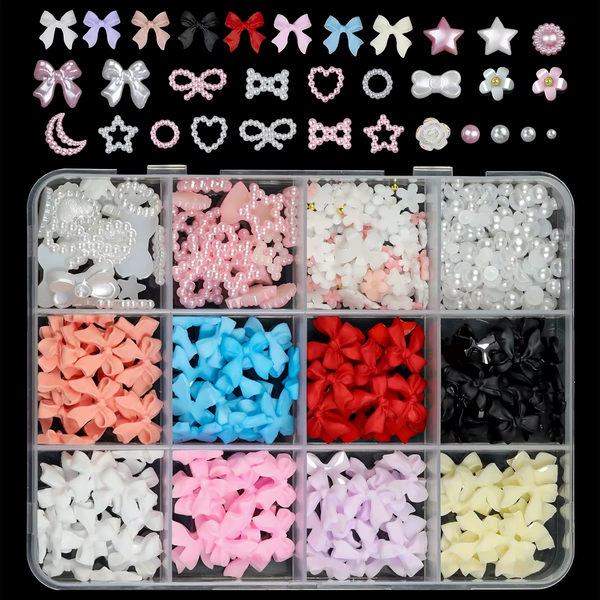 Boîte de 12/15 compartiments de décorations pour ongles en résine, nœuds papillon mixtes, breloques 
