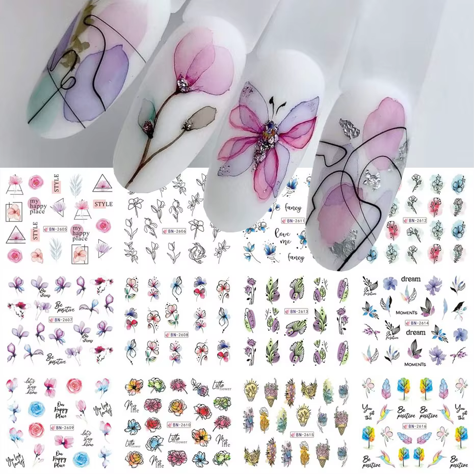 Autocollant de fleurs d'encre pour Nail Art, 12 pièces, décalcomanie d'eau d'été, fleurs en fleurs,