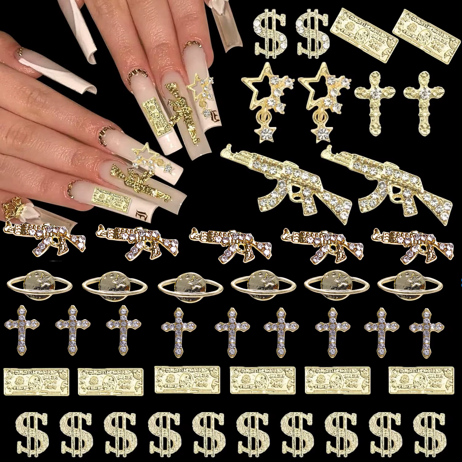 55 pièces pistolet ongles breloques 3D croix Nail Art bijoux or Dollar signe breloques ongles Multi 