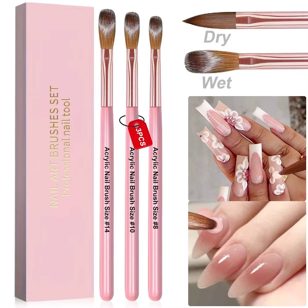 Brosse à ongles pour Application acrylique, 3 pièces, 8/10/14 # Pinceaux à ongles professionnels r