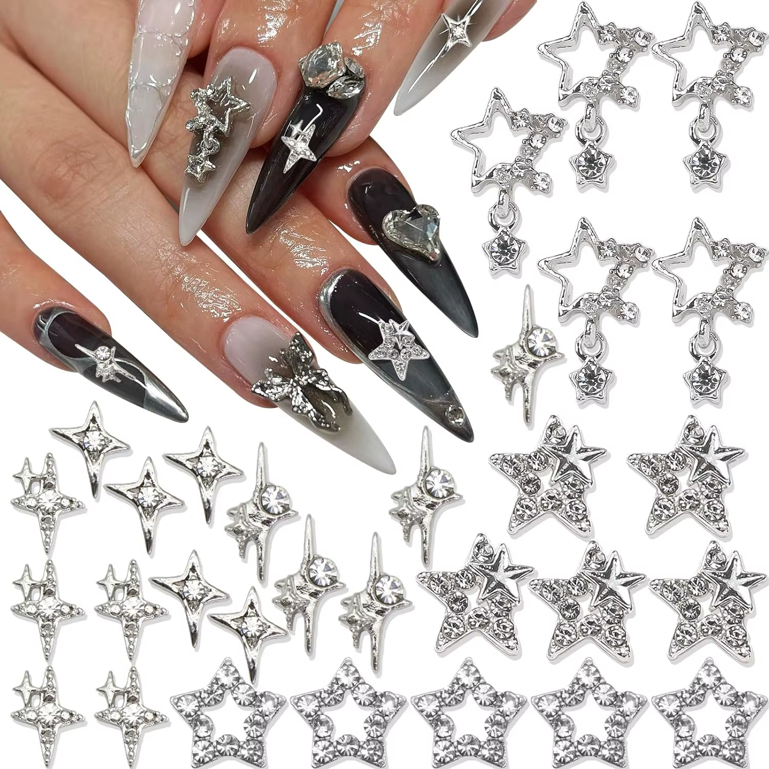 Breloques pour ongles en forme d'étoile argentée, 30 pièces, étoiles 3D brillantes, gemmes pour ongl