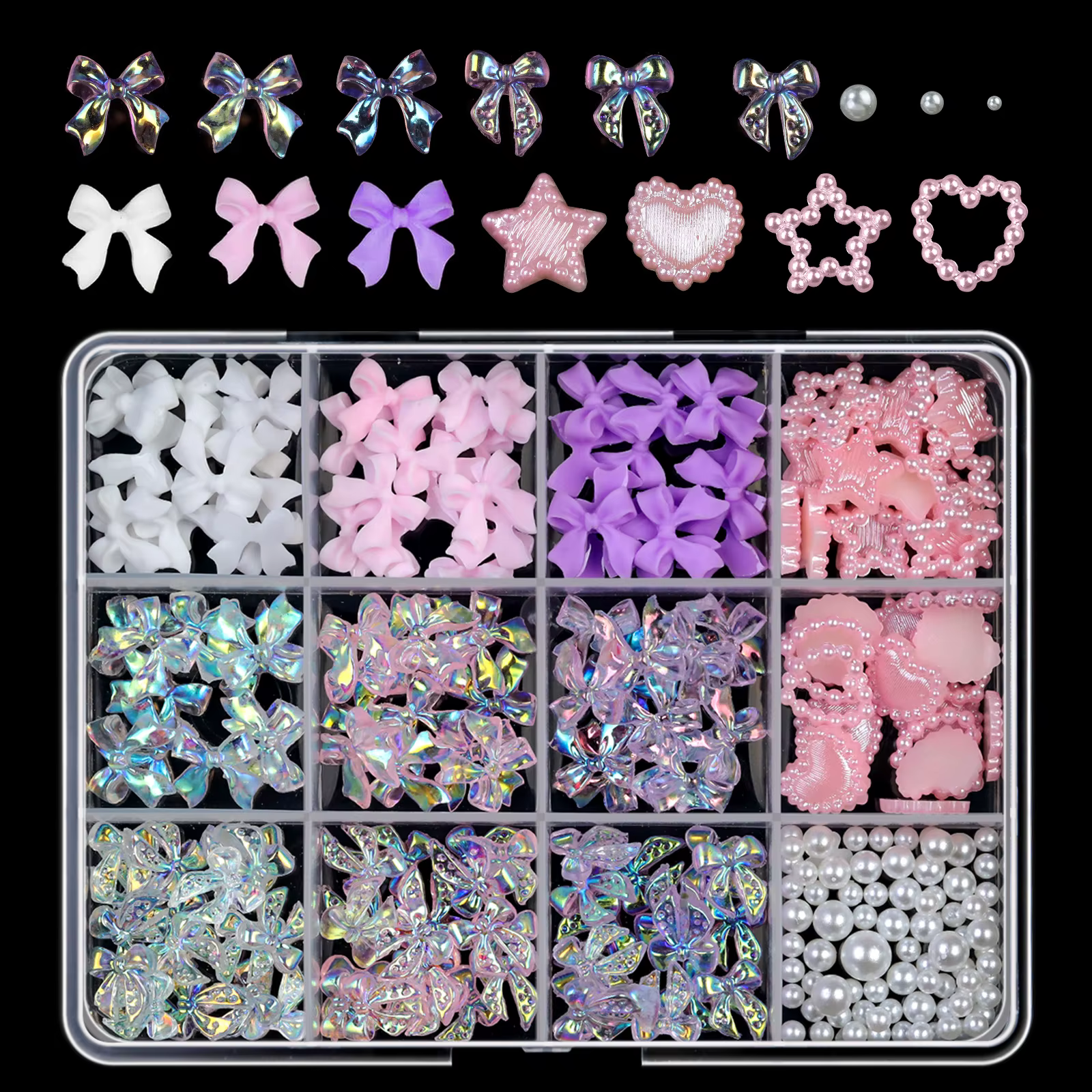 12 grilles/boîte 3D mixte nœud papillon perle coeur ongles breloques Flatback résine fleur, étoile,