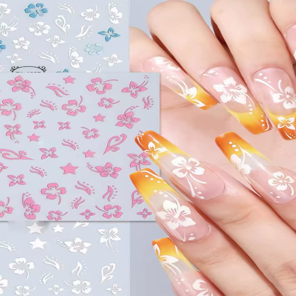 Autocollant en relief pour ongles, fleur d'hibiscus 5D, fleur en dentelle, pétale blanc rose, Floral