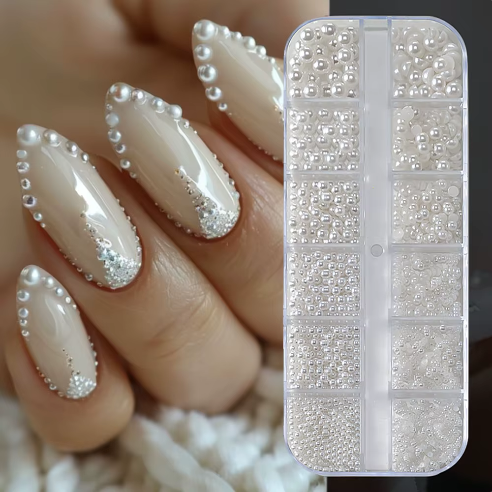 Perles Rondes Blanches pour Ongles, Breloques, 12 Grilles (0.15-0.5cm), Caviar, Bijoux, Demi-Ronde,