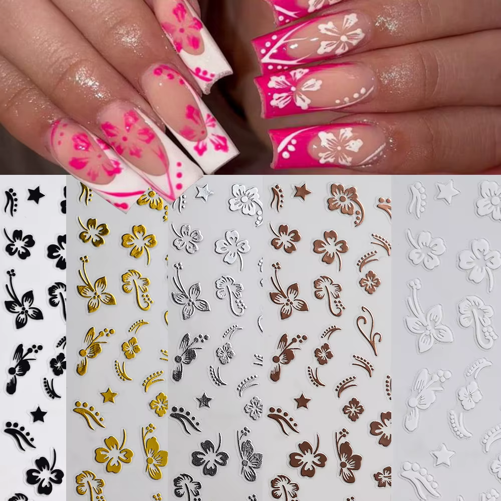 Autocollant en relief pour ongles, fleur d'hibiscus 5D, fleur en dentelle, pétale blanc rose, Floral