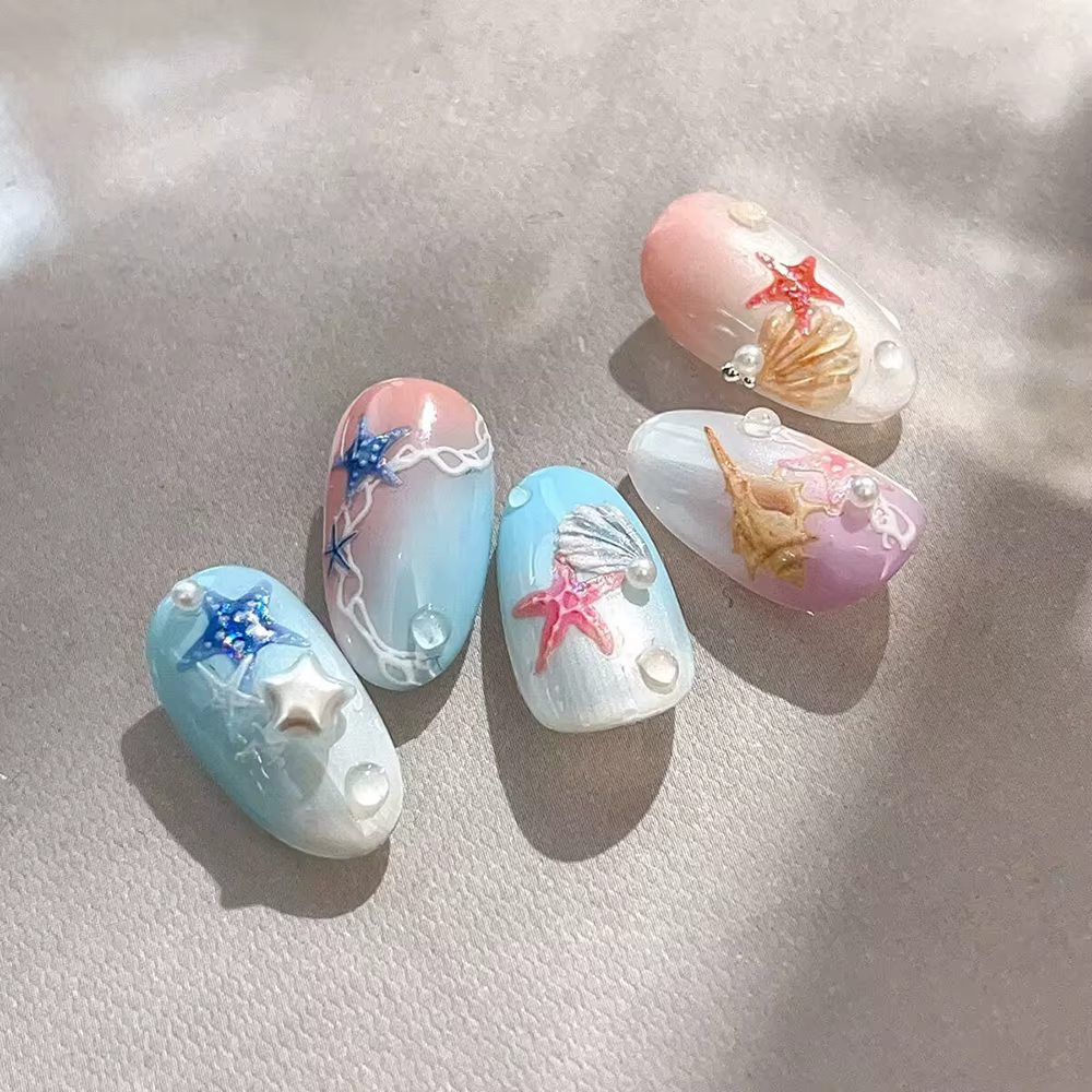 Autocollants pour ongles thème mer d'été, coquilles brillantes, étoile de mer, sirène, conque, plage