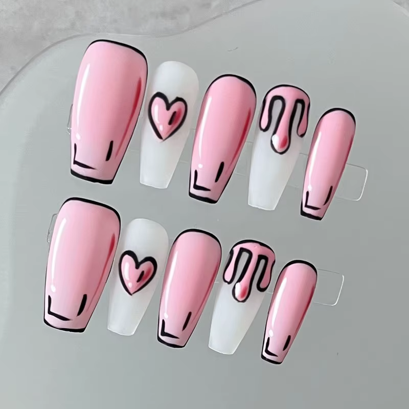 Fait à la main mignon presse sur ongles 3D bande dessinée faux ongles rêveur rose coeurs acrylique f