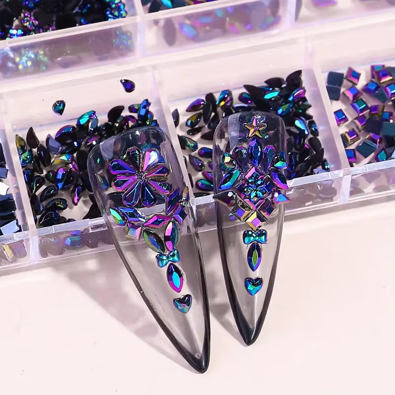 Strass 3D à fond plat multi-formes pour ongles, gemmes colorées en verre AB, Kit de breloques pour o