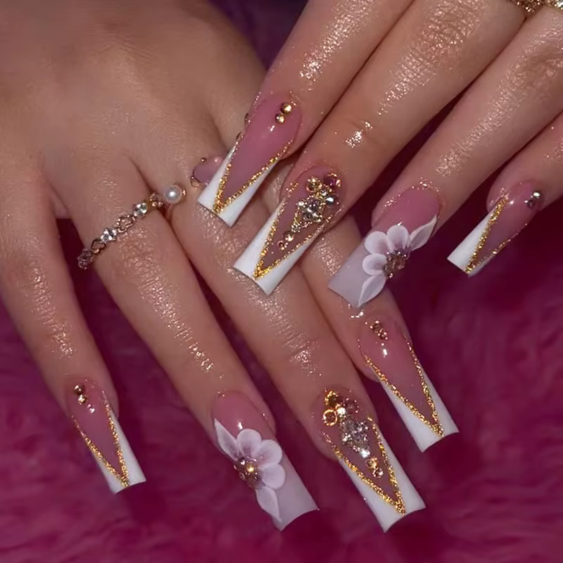 24 faux ongles à presser avec strass, motifs floraux, longs et carrés, en acrylique, style français,