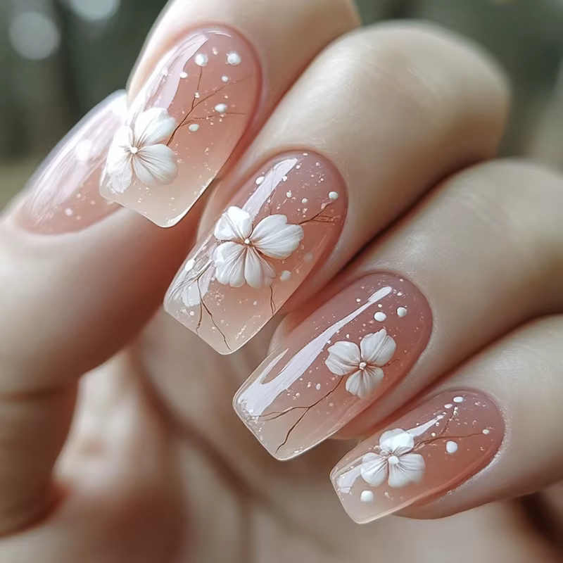 24 pièces/ensemble faux ongles mi-longs fleurs de dragon jaunes conception de plumes pour le printem